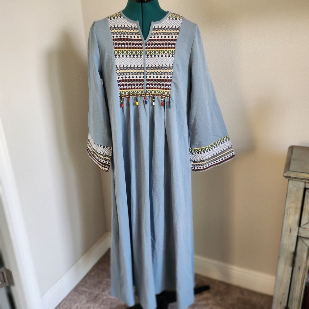 Unbranded Midi Dress Womens Size S Blue Ethnic Pattern Boho Beaded Fringe